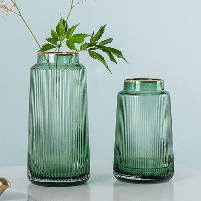 Green Fluted Vase with Golden Metal Top Glass Vase Home Office Decorative Flower Holder