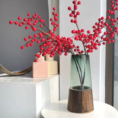 H28cm Glass Vase Modern Home Decor Living Room Office Centerpiece Wooden Base